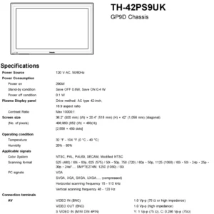 Panasonic th 42ps9uk service manual cover with photo of the television, TV type, chassis code, model code, creation date and document number