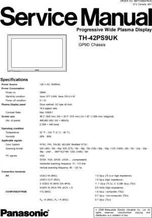 Panasonic th 42ps9uk service manual cover with photo of the television, TV type, chassis code, model code, creation date and document number