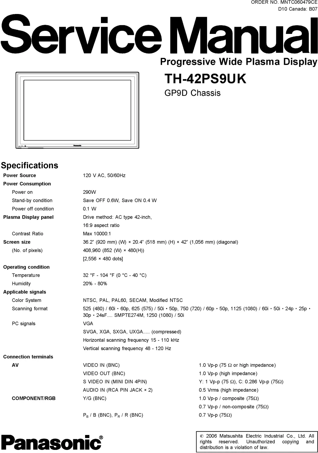 Panasonic th 42ps9uk service manual cover with photo of the television, TV type, chassis code, model code, creation date and document number