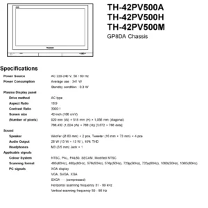 Panasonic th 42pv500 service manual cover with photo of the television, TV type, chassis code, model code, creation date and document number