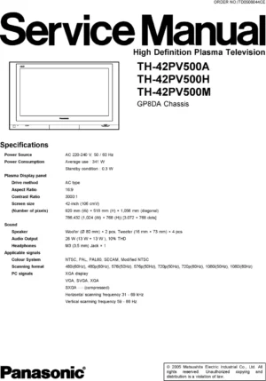 Panasonic th 42pv500 service manual cover with photo of the television, TV type, chassis code, model code, creation date and document number