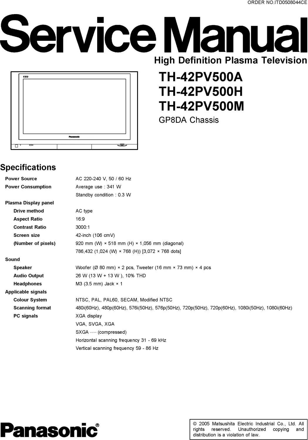 Panasonic th 42pv500 service manual cover with photo of the television, TV type, chassis code, model code, creation date and document number