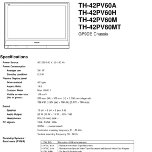 Panasonic th 42pv60 service manual cover with photo of the television, TV type, chassis code, model code, creation date and document number