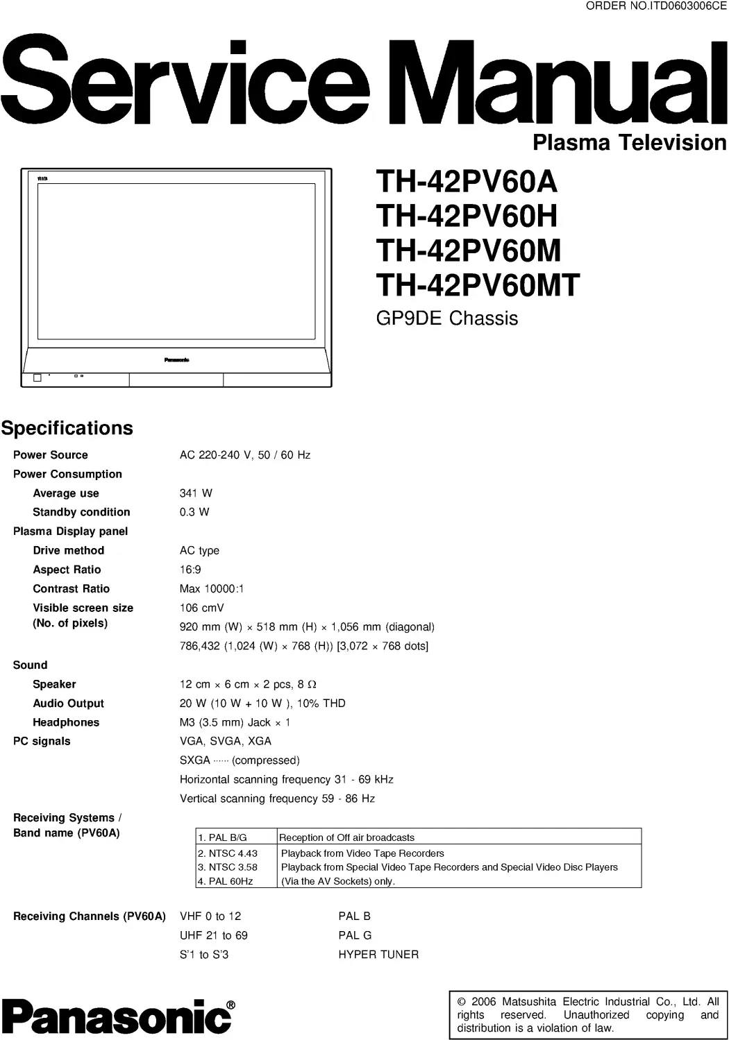 Panasonic th 42pv60 service manual cover with photo of the television, TV type, chassis code, model code, creation date and document number