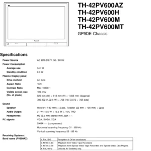 Panasonic th 42pv600 service manual cover with photo of the television, TV type, chassis code, model code, creation date and document number