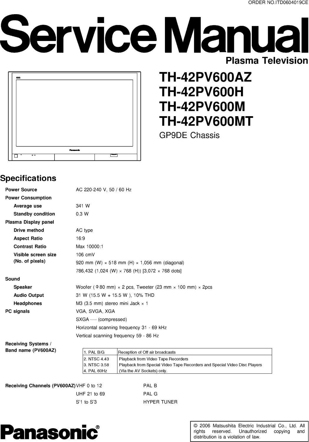 Panasonic th 42pv600 service manual cover with photo of the television, TV type, chassis code, model code, creation date and document number
