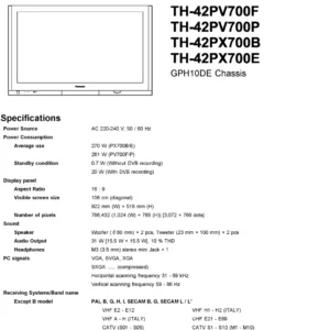 Panasonic th 42pv700 42px700 service manual cover with photo of the television, TV type, chassis code, model code, creation date and document number