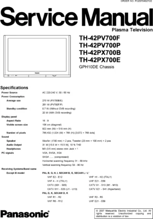 Panasonic th 42pv700 42px700 service manual cover with photo of the television, TV type, chassis code, model code, creation date and document number