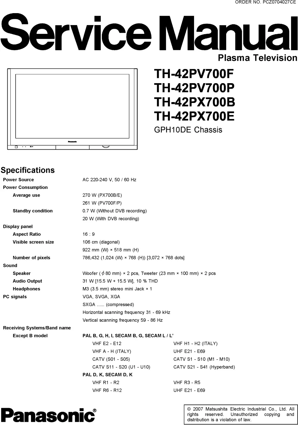 Panasonic th 42pv700 42px700 service manual cover with photo of the television, TV type, chassis code, model code, creation date and document number
