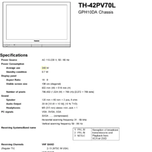 Panasonic th 42pv70l service manual cover with photo of the television, TV type, chassis code, model code, creation date and document number