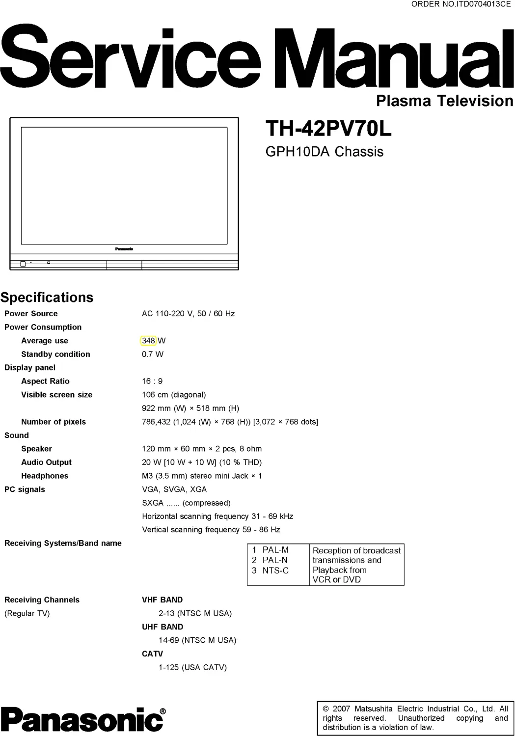Panasonic th 42pv70l service manual cover with photo of the television, TV type, chassis code, model code, creation date and document number