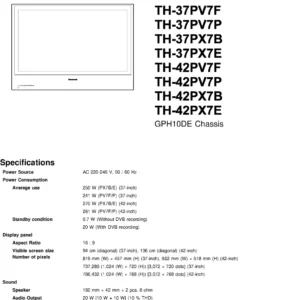 Panasonic th 42pv7f 42pv7p 42px7b 42px7e service manual cover with photo of the television, TV type, chassis code, model code, creation date and document number