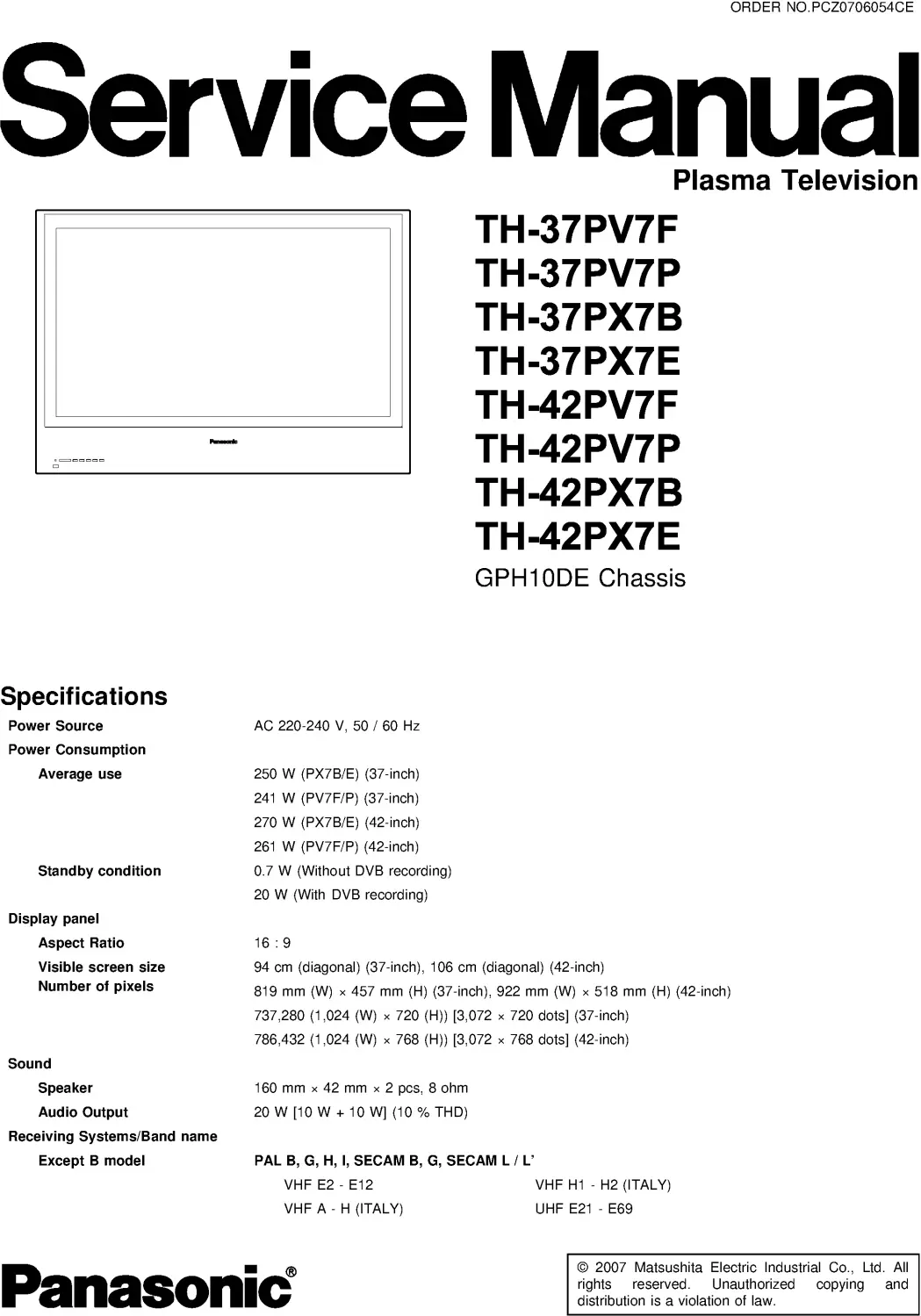 Panasonic th 42pv7f 42pv7p 42px7b 42px7e service manual cover with photo of the television, TV type, chassis code, model code, creation date and document number