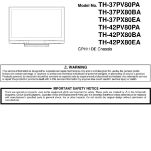 Panasonic th 42pv80pa 42px80ba 42px80ea service manual cover with photo of the television, TV type, chassis code, model code, creation date and document number