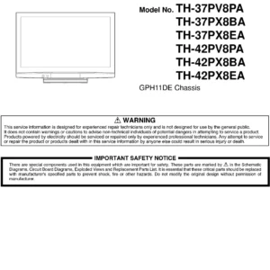 Panasonic th 42pv8pa 42px8ba 42px8ea service manual cover with photo of the television, TV type, chassis code, model code, creation date and document number