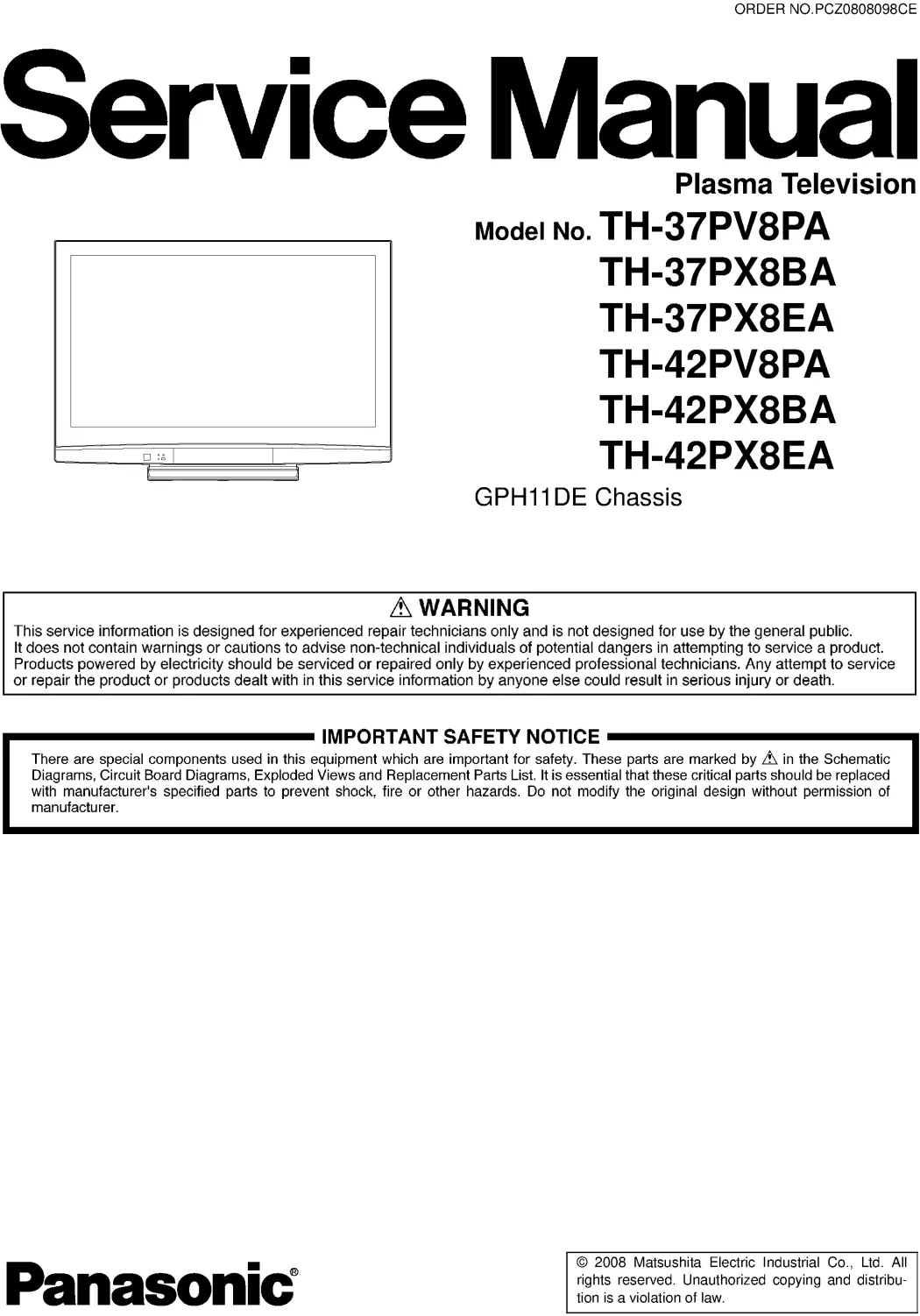 Panasonic th 42pv8pa 42px8ba 42px8ea service manual cover with photo of the television, TV type, chassis code, model code, creation date and document number