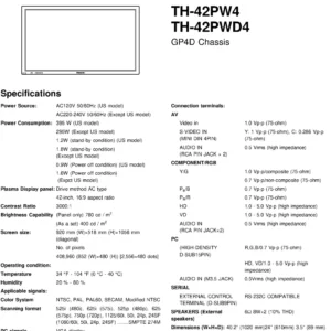Panasonic th 42pw4 service manual cover with photo of the television, TV type, chassis code, model code, creation date and document number