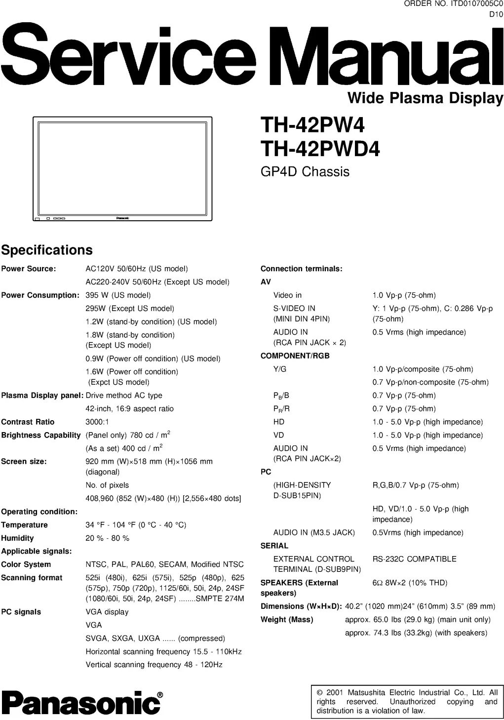 Panasonic th 42pw4 service manual cover with photo of the television, TV type, chassis code, model code, creation date and document number