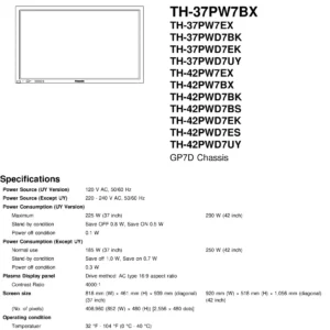 Panasonic th 42pw7ex service manual cover with photo of the television, TV type, chassis code, model code, creation date and document number