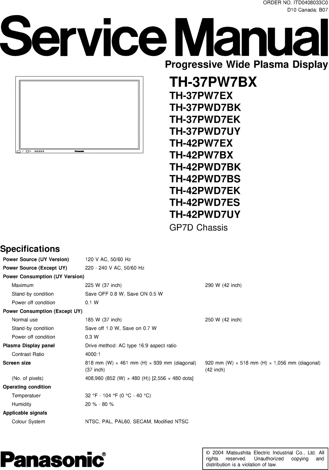 Panasonic th 42pw7ex service manual cover with photo of the television, TV type, chassis code, model code, creation date and document number