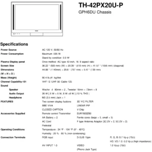 Panasonic th 42px20u p service manual cover with photo of the television, TV type, chassis code, model code, creation date and document number