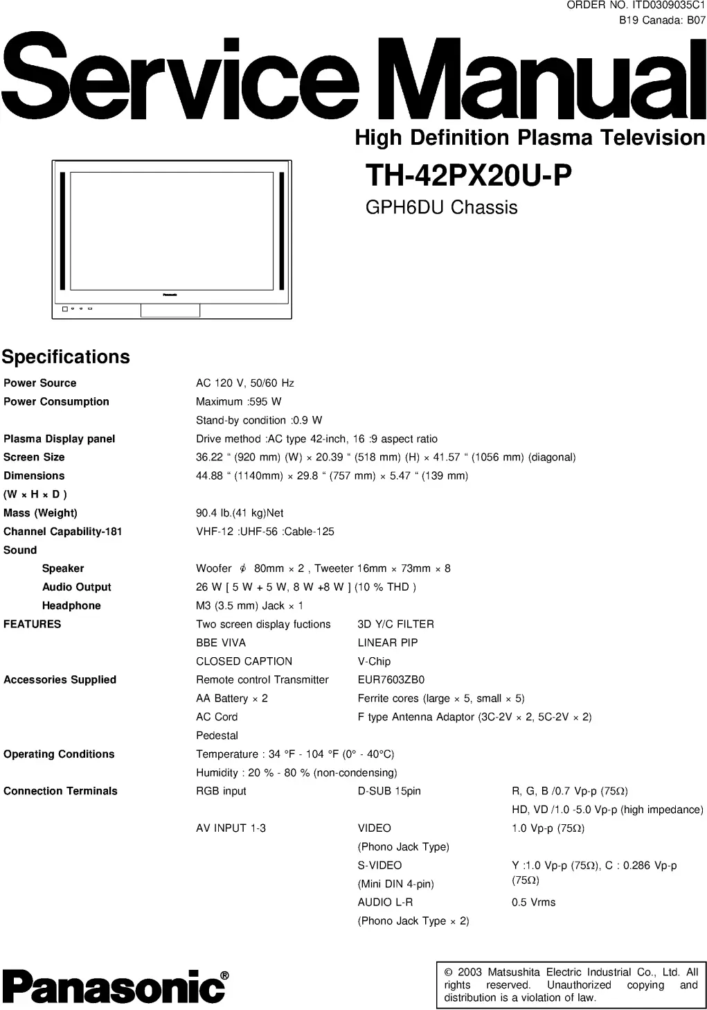 Panasonic th 42px20u p service manual cover with photo of the television, TV type, chassis code, model code, creation date and document number