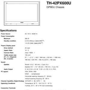 Panasonic th 42px600u service manual cover with photo of the television, TV type, chassis code, model code, creation date and document number
