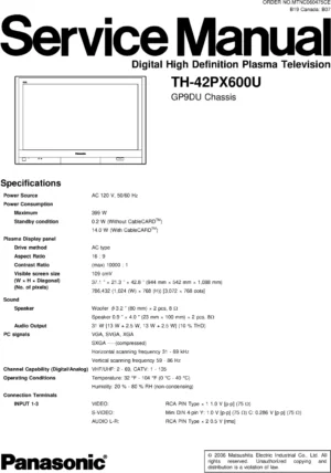 Panasonic th 42px600u service manual cover with photo of the television, TV type, chassis code, model code, creation date and document number