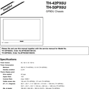 Panasonic th 42px6u 50px6u service manual cover with photo of the television, TV type, chassis code, model code, creation date and document number
