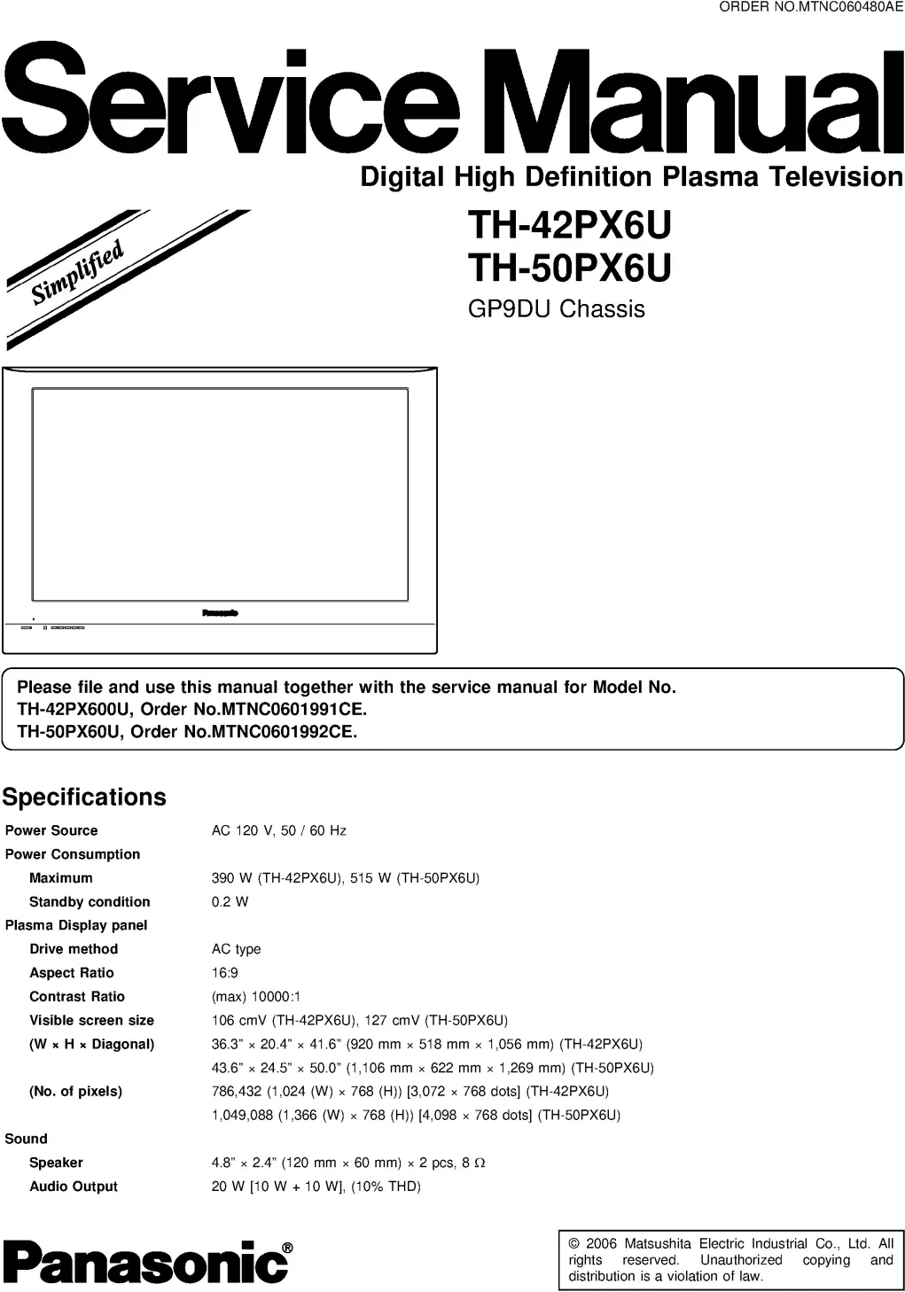 Panasonic th 42px6u 50px6u service manual cover with photo of the television, TV type, chassis code, model code, creation date and document number