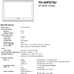 Panasonic th 42px75u service manual cover with photo of the television, TV type, chassis code, model code, creation date and document number