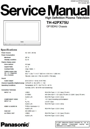 Panasonic th 42px75u service manual cover with photo of the television, TV type, chassis code, model code, creation date and document number