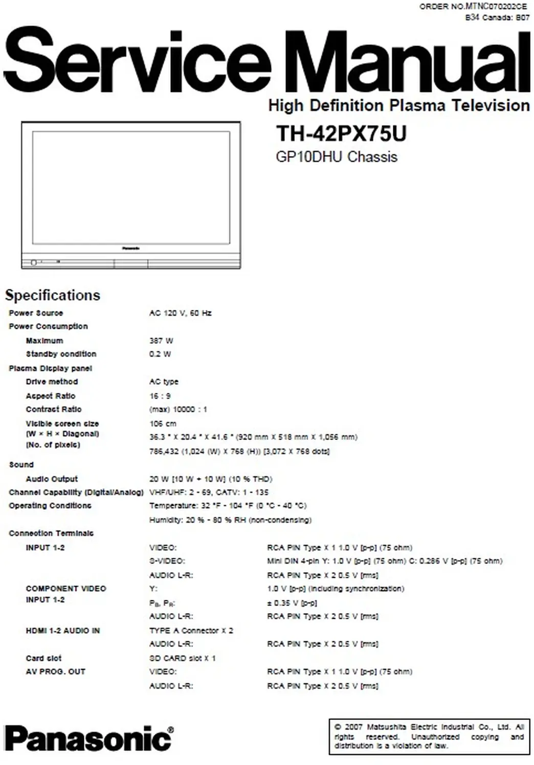 Panasonic th 42px75u service manual cover with photo of the television, TV type, chassis code, model code, creation date and document number