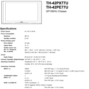 Panasonic th 42px77u 42pe77u service manual cover with photo of the television, TV type, chassis code, model code, creation date and document number