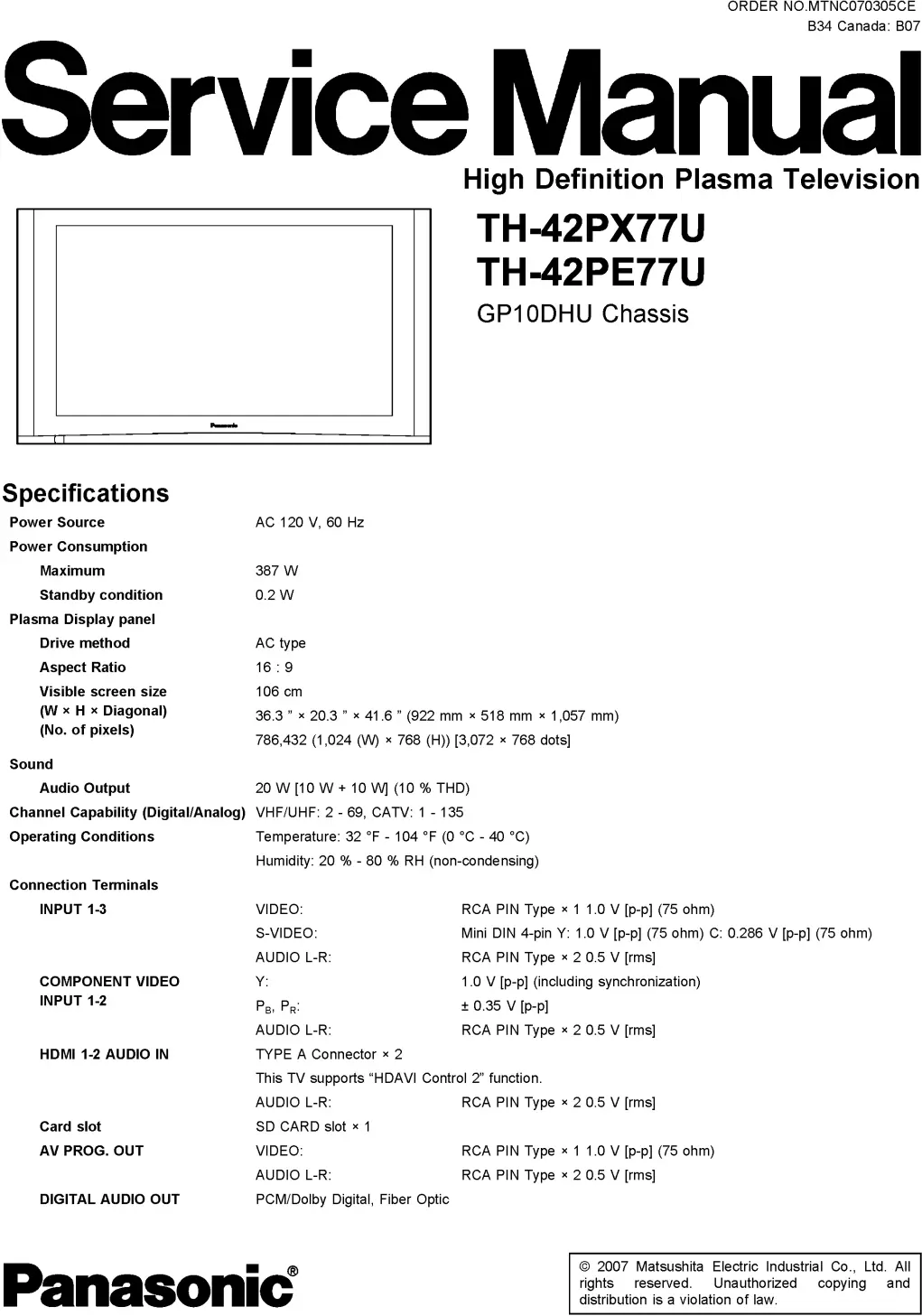 Panasonic th 42px77u 42pe77u service manual cover with photo of the television, TV type, chassis code, model code, creation date and document number