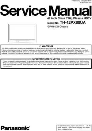 Panasonic th 42px80ua service manual cover with photo of the television, TV type, chassis code, model code, creation date and document number