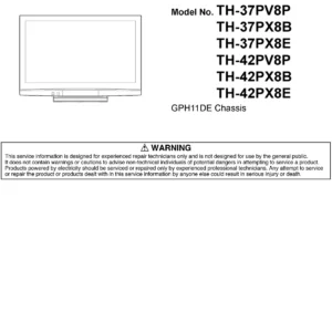 Panasonic th 42px8p 37px8 service manual cover with photo of the television, TV type, chassis code, model code, creation date and document number