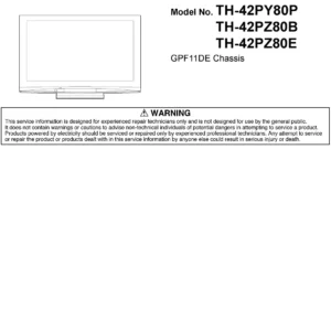 Panasonic th 42py80p 42pz80e 42pz80b service manual cover with photo of the television, TV type, chassis code, model code, creation date and document number