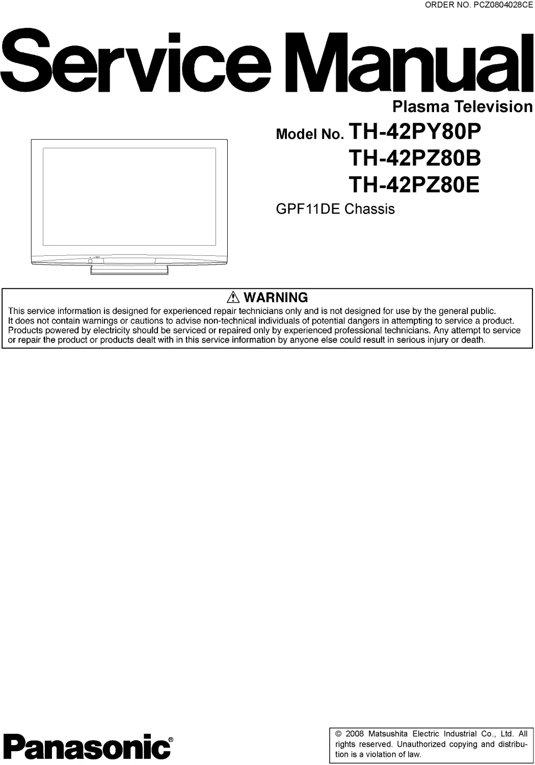 Panasonic th 42py80p 42pz80e 42pz80b service manual cover with photo of the television, TV type, chassis code, model code, creation date and document number