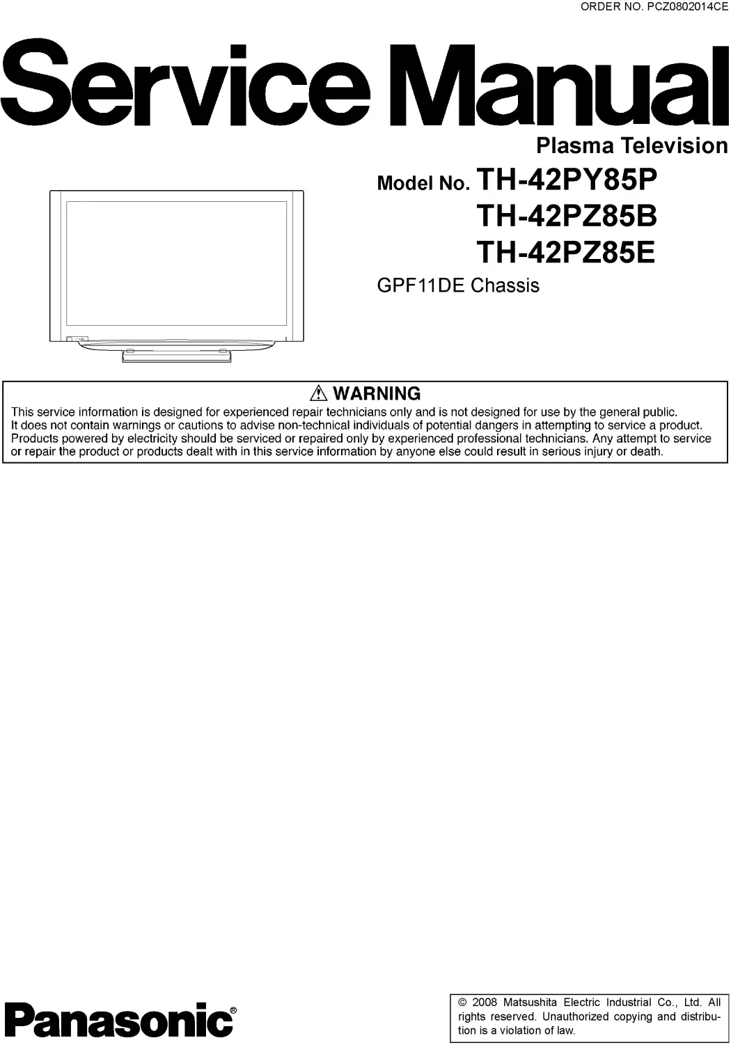 Panasonic th 42py85p 42pz85b 42pz85e service manual cover with photo of the television, TV type, chassis code, model code, creation date and document number