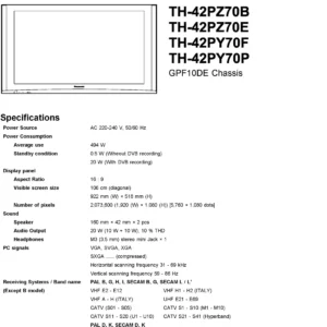 Panasonic th 42pz70 42py70 service manual cover with photo of the television, TV type, chassis code, model code, creation date and document number