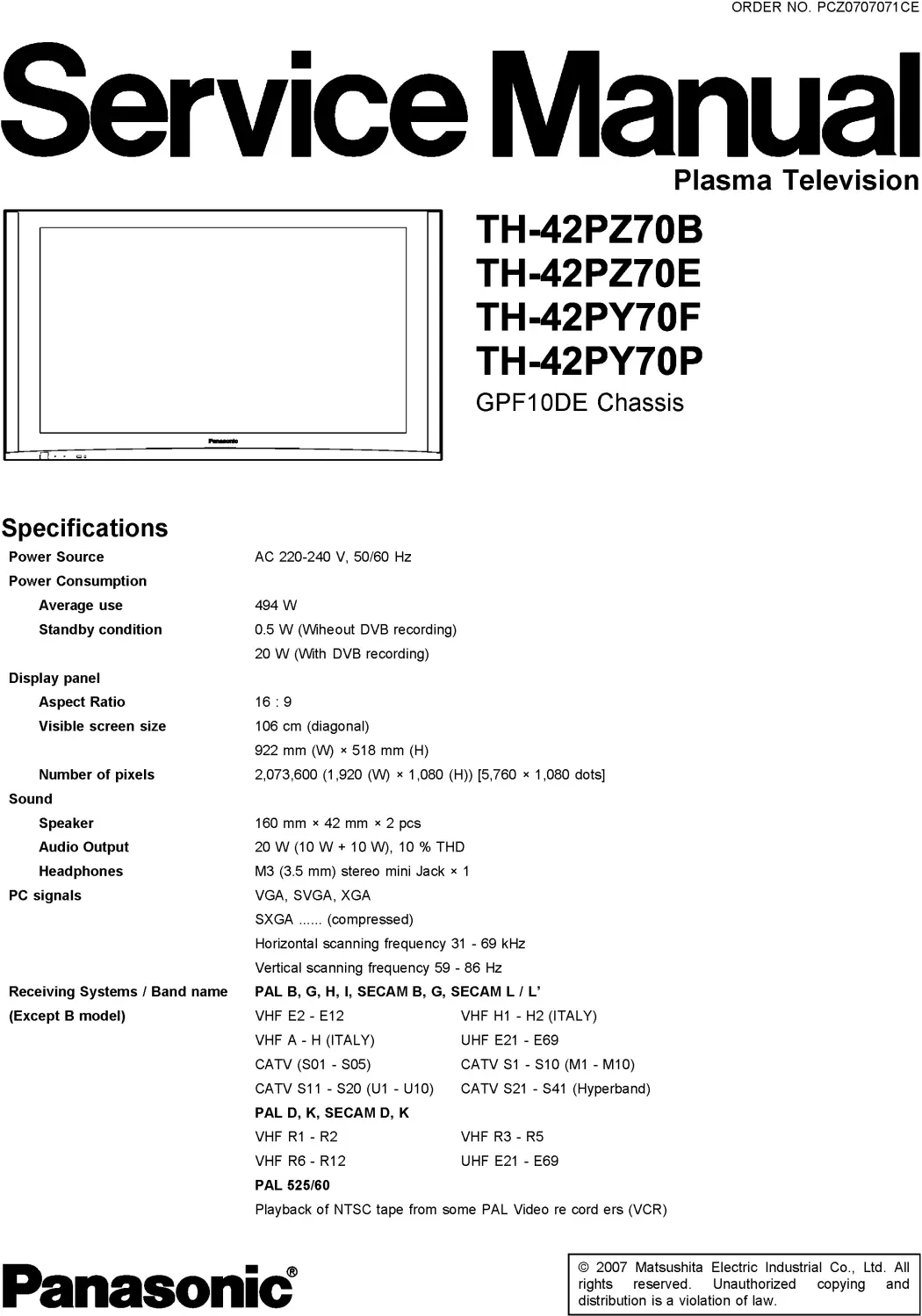 Panasonic th 42pz70 42py70 service manual cover with photo of the television, TV type, chassis code, model code, creation date and document number