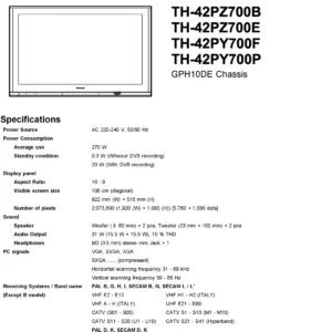 Panasonic th 42pz700 service manual cover with photo of the television, TV type, chassis code, model code, creation date and document number