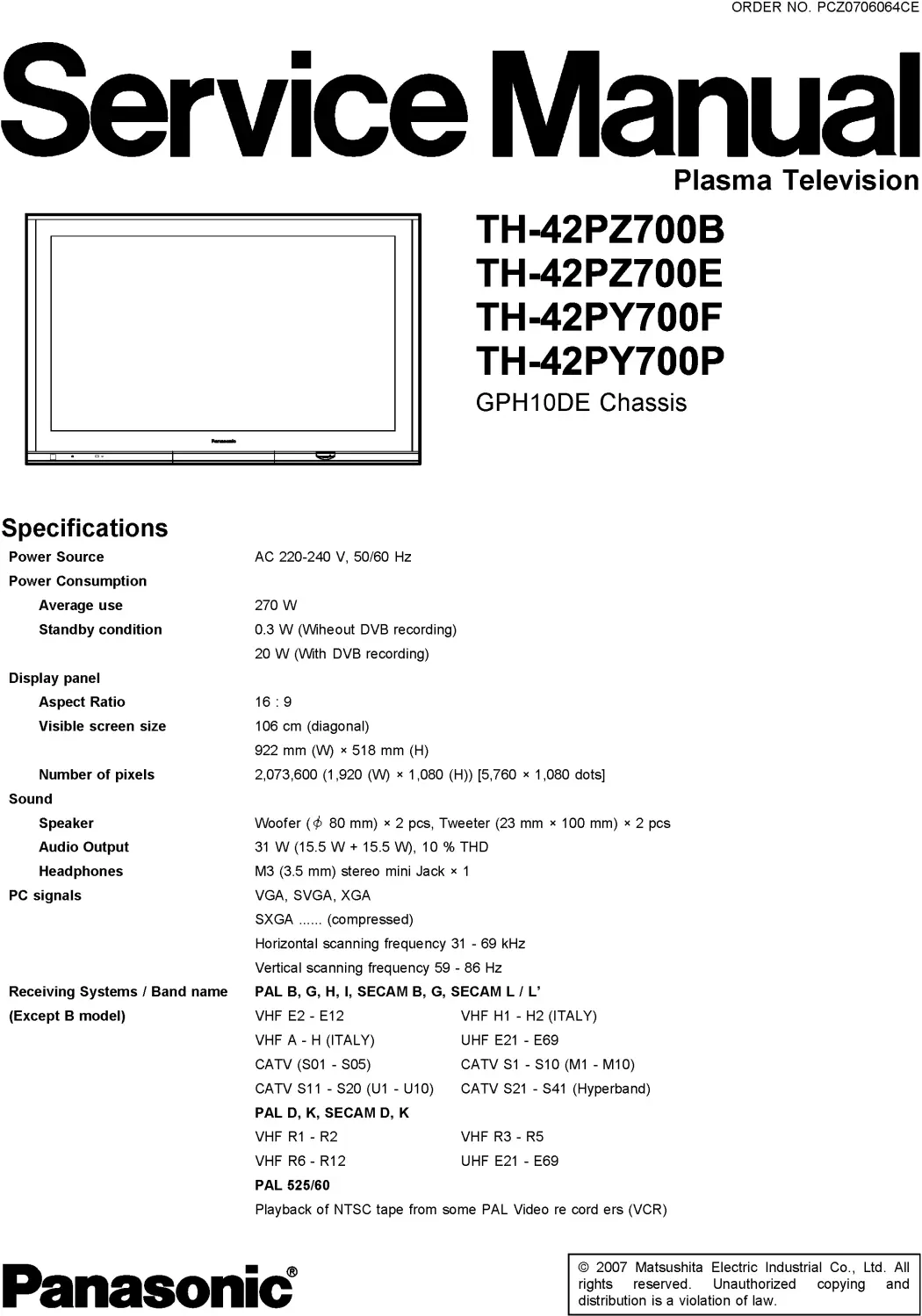 Panasonic th 42pz700 service manual cover with photo of the television, TV type, chassis code, model code, creation date and document number