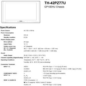 Panasonic th 42pz77u service manual cover with photo of the television, TV type, chassis code, model code, creation date and document number