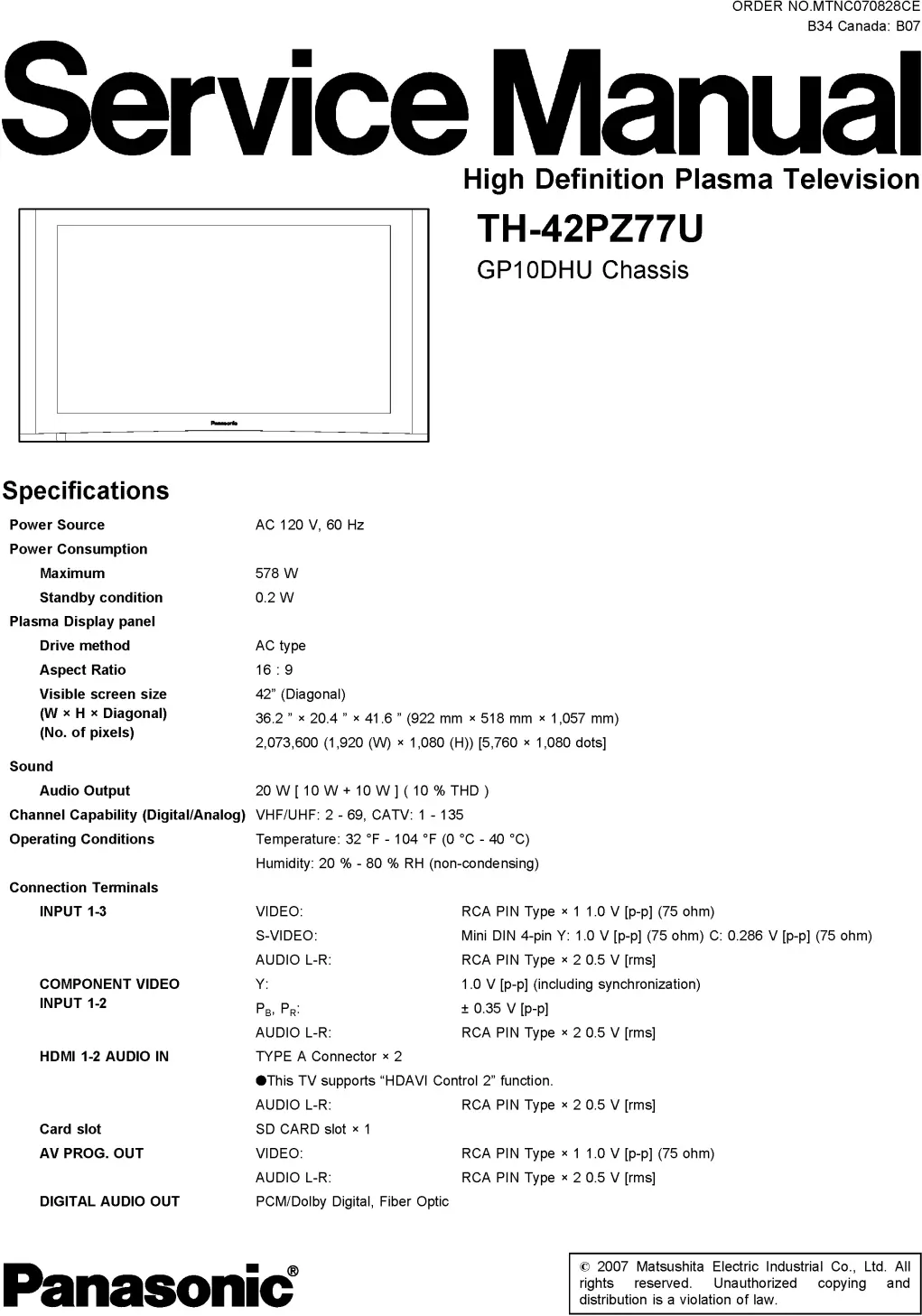 Panasonic th 42pz77u service manual cover with photo of the television, TV type, chassis code, model code, creation date and document number