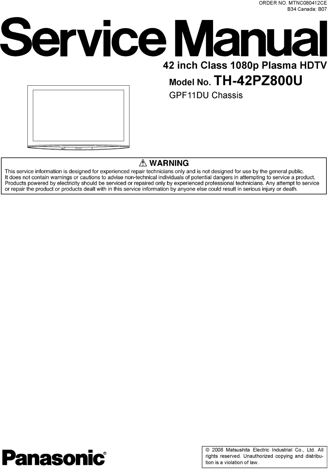 Panasonic th 42pz800u service manual cover with photo of the television, TV type, chassis code, model code, creation date and document number