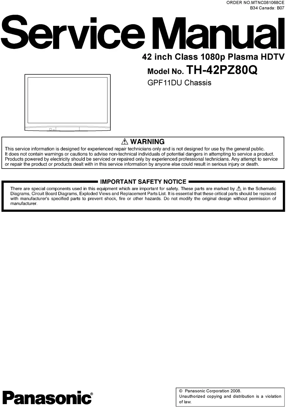 Panasonic th 42pz80q service manual cover with photo of the television, TV type, chassis code, model code, creation date and document number