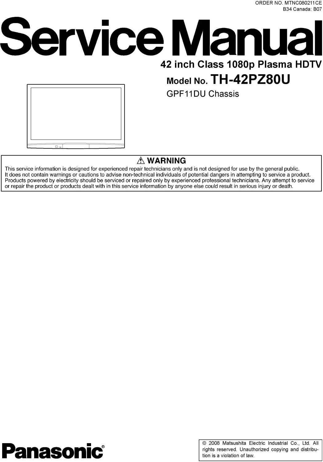 Panasonic th 42pz80u service manual cover with photo of the television, TV type, chassis code, model code, creation date and document number