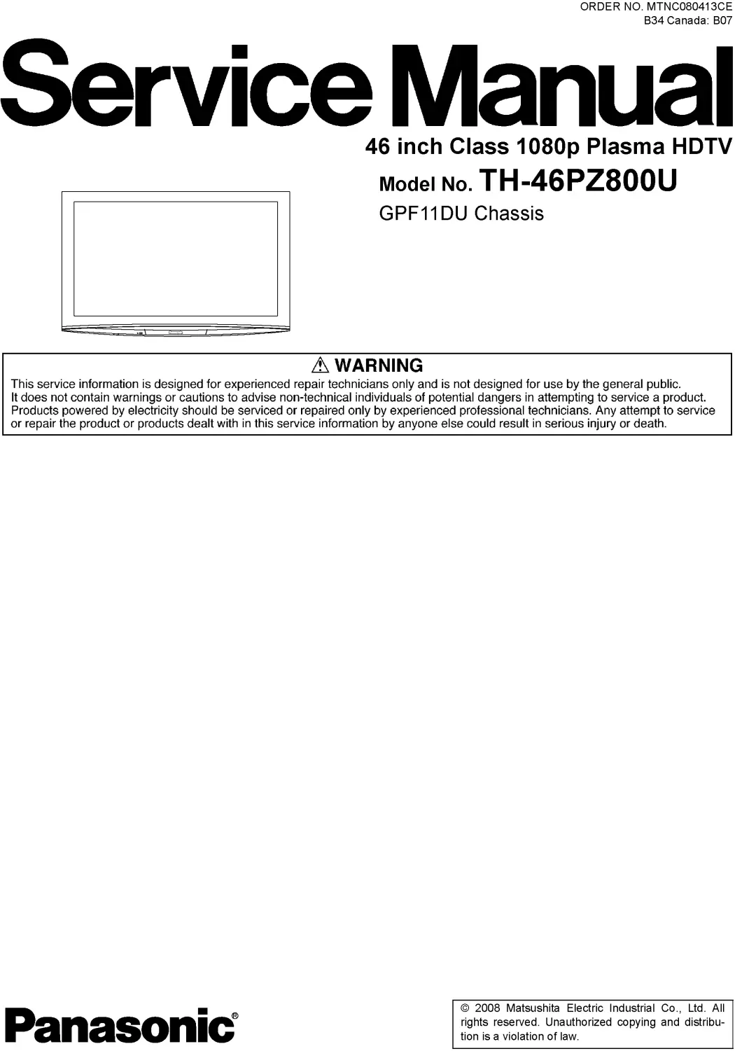 Panasonic th 46pz800u service manual cover with photo of the television, TV type, chassis code, model code, creation date and document number